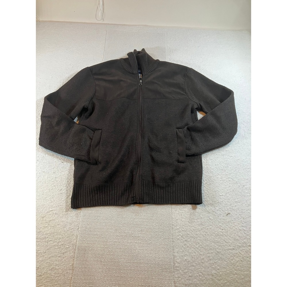 Izod Mens Fleece Lined Full Zip Knit Sweater Brown Mock Neck Size Small Jacket